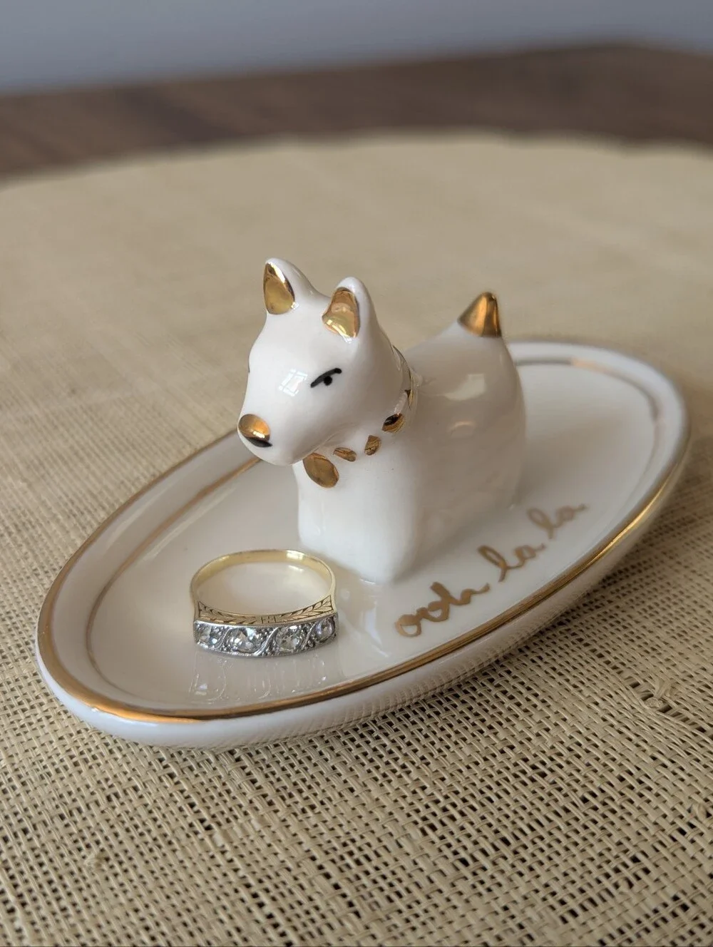 Anthropologie Ooh La La Gold Trimmed Dog Trinket Tray Ring Dish